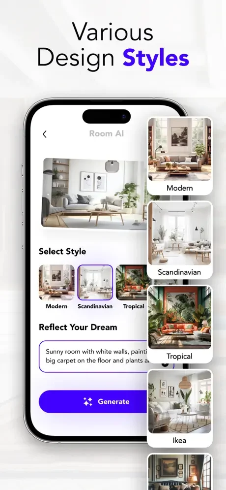 Room AI design style selector showing Modern, Scandinavian, Tropical, and Ikea options with AI generation button