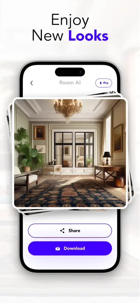 AI-generated elegant room design results with pro features and share, download buttons in Casa AI Deco app
