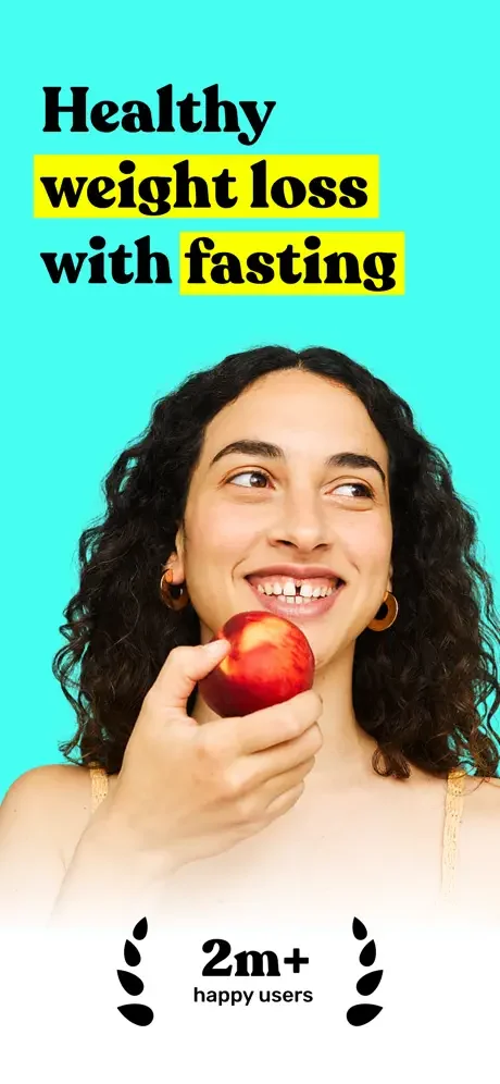Intermittent Fasting - Clear app welcome screen showing healthy weight loss benefits with woman holding apple and 2 million happy users testimonial