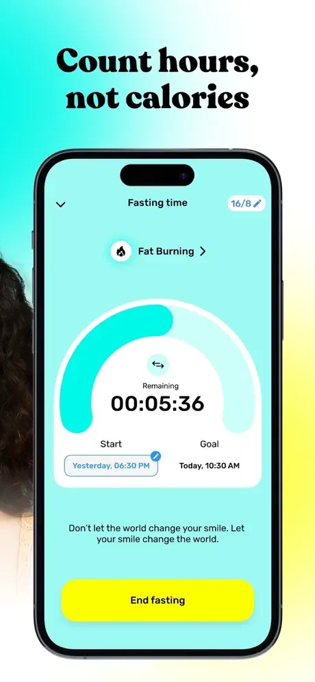 Fasting timer interface displaying remaining time 00:05:36, fat burning phase, start time yesterday 6:30 PM, goal time today 10:30 AM, and end fasting button