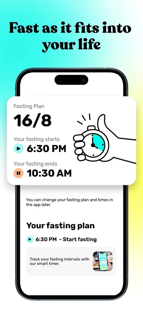 16/8 intermittent fasting plan setup screen showing daily schedule with 6:30 PM start time and 10:30 AM end time with clock icon illustration