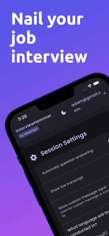 Interview Hammer session settings screen showing options for automatic question answering, live transcript display, custom messages, and language preferences for AI interview coaching