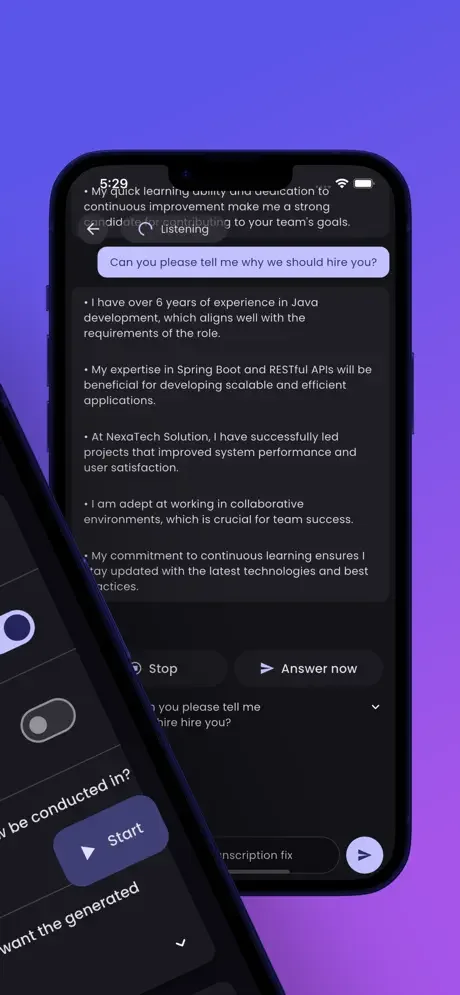 Live AI interview session displaying interviewer question with real-time generated answer and Stop and Answer buttons for mock interview practice