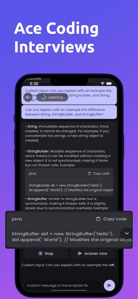 Coding interview question and answer screen showing Java code examples for String and StringBuilder with code copy functionality and real-time listening indicator