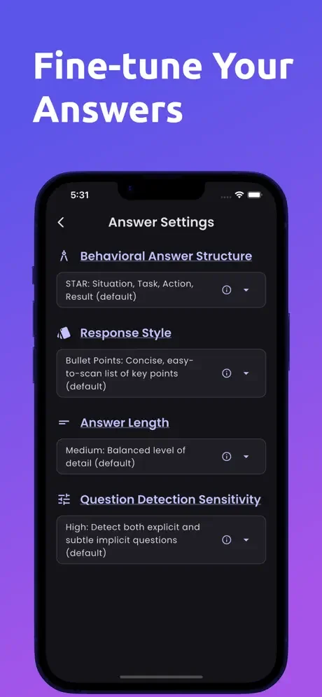 Answer Settings customization panel with options for behavioral structure, response style, answer length, and question detection sensitivity configuration