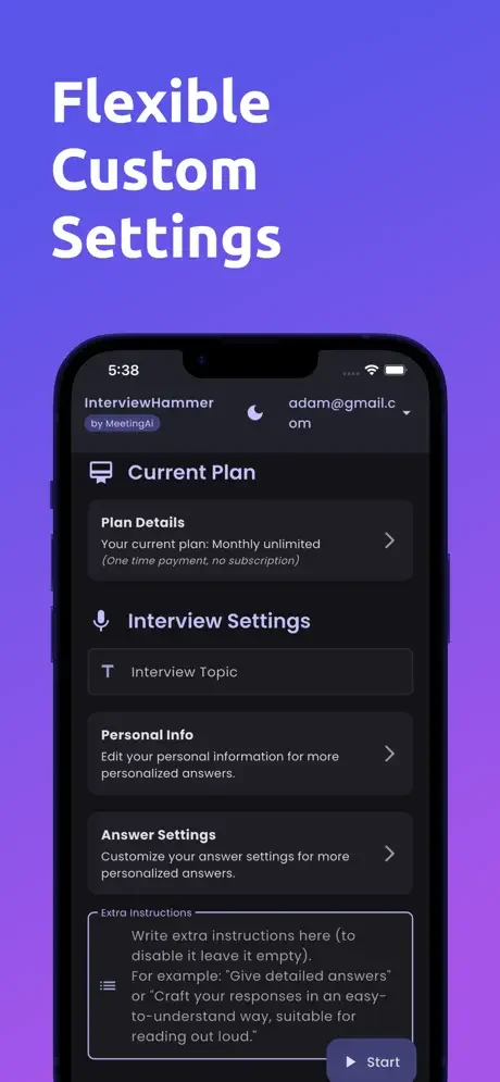 Interview Hammer settings home screen displaying current subscription plan, interview topic settings, personal info, answer customization options, and extra instructions field