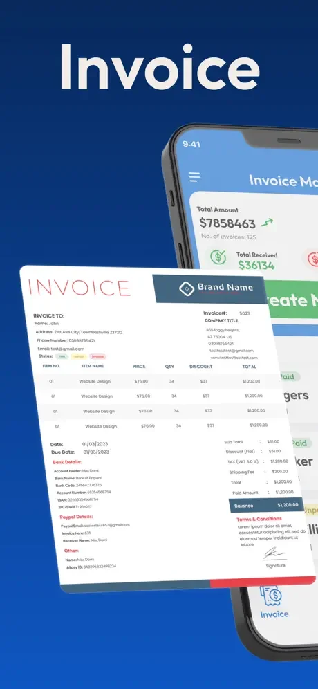 Professional invoice template displaying customer details, itemized line items, pricing, tax calculations, and payment terms with branded company header