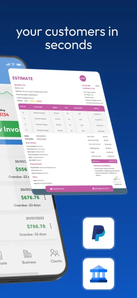 Create estimate documents with app dashboard showing financial overview, payment tracking, customer amounts, and payment method options