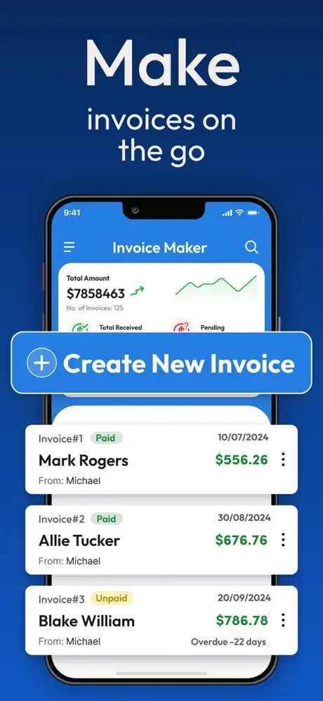 Invoice Maker app dashboard displaying total revenue amount, create new invoice button, and customer invoice list with status and amount details