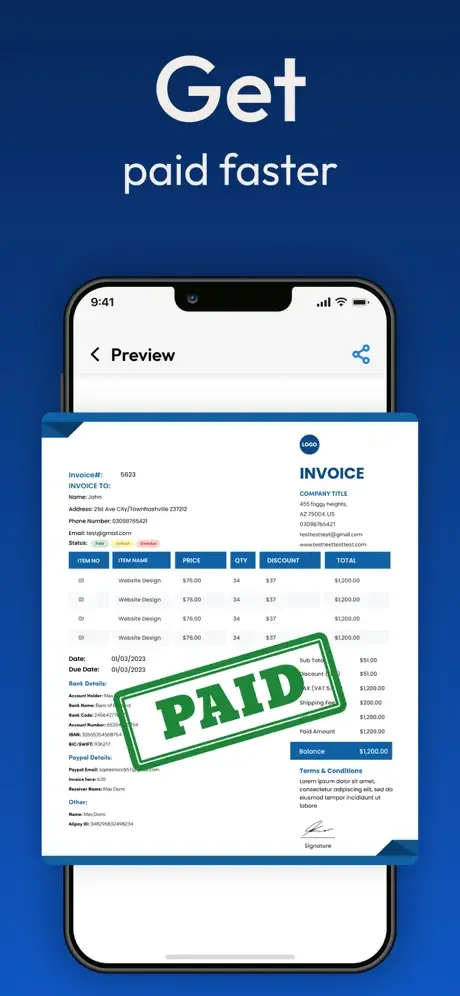Invoice preview displaying paid status confirmation stamp in green for faster payment verification and collection