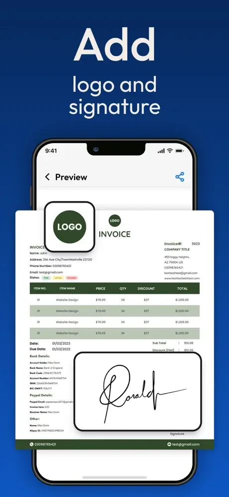 Invoice template customization showing logo upload section and digital signature field for professional document personalization