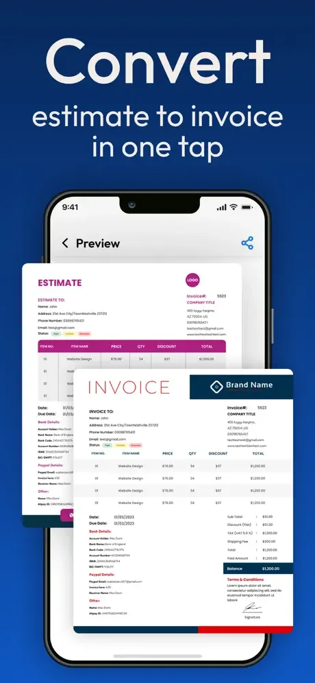 Estimate to invoice conversion feature showing estimate and invoice documents side-by-side for quick one-tap document conversion