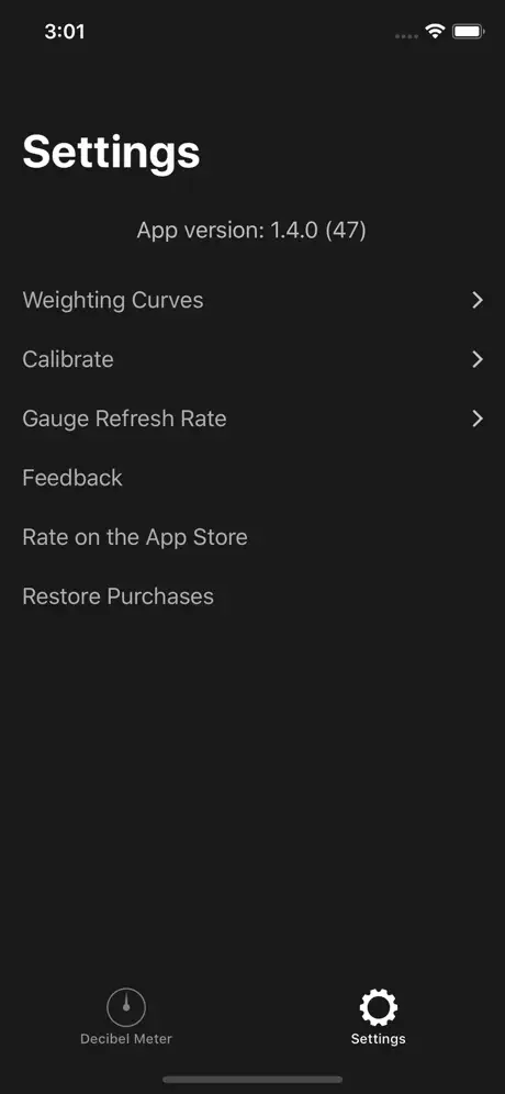 Settings screen with Weighting Curves, Calibrate, Refresh Rate, Feedback, Rating, and Restore Purchases options.