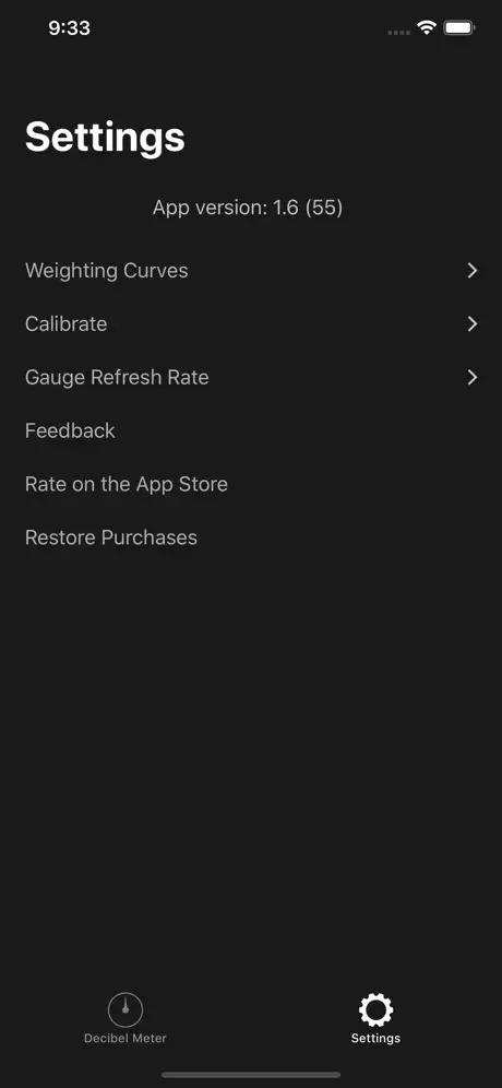 Settings menu showing Decibel Meter app version 1.6 with options for weighting curves, calibration, refresh rate, feedback, and app store rating