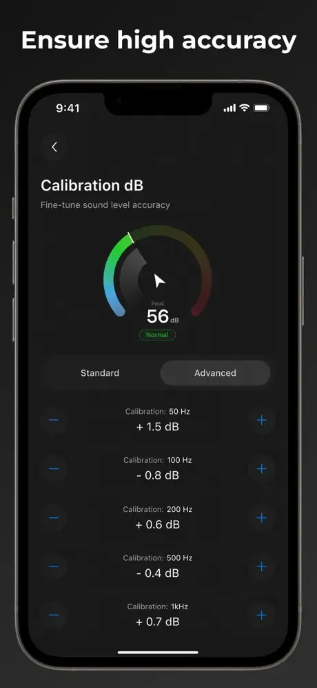 Calibration dB settings for fine-tuning sound meter accuracy across frequencies from 50 Hz to 1 kHz