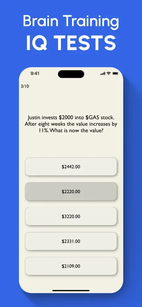 IQ test math question about stock investment value increase with five multiple-choice answer options, 3 of 10 progress indicator