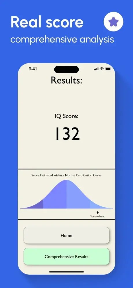 IQ test results screen displaying final score of 132 with normal distribution curve showing score positioning and comprehensive analysis buttons