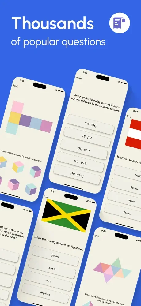 Multiple IQ test question types including pattern recognition, multiple-choice problems, country flags, and 3D geometry shape puzzles