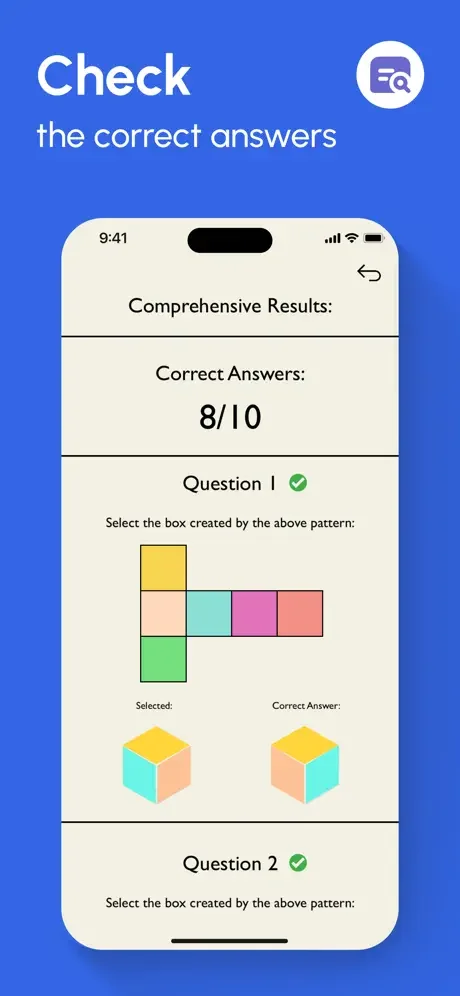 Answer review screen comparing user's selected answers versus correct answers for 8 of 10 questions with visual 3D box explanations