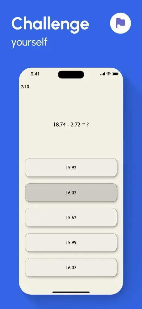 Math challenge question asking for decimal subtraction with five numerical answer options to select from, progress 7 of 10 questions