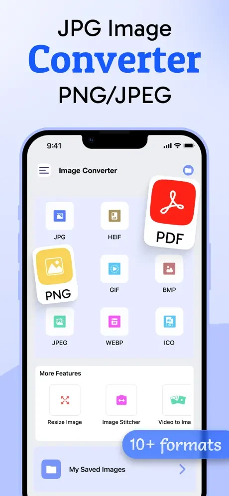 Image converter main interface showing format conversion options for JPG, PNG, JPEG, GIF, and WebP with photo resize, image stitch, and video-to-image tools available