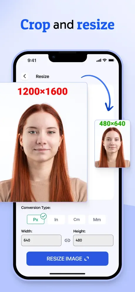 Photo resize tool with adjustable dimensions and width-height controls to compress and resize images for different formats and file sizes