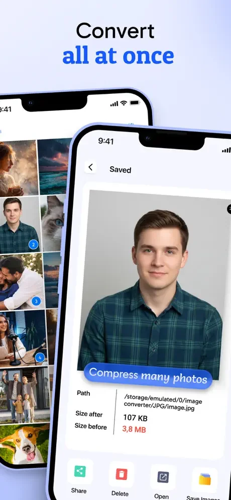 Batch conversion screen showing multiple photos being compressed with file size reduction results displayed for efficient image storage
