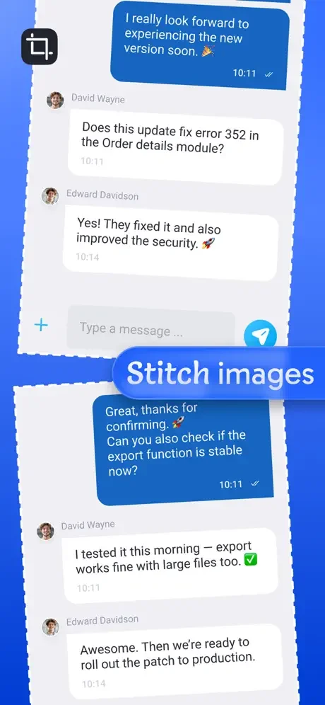 Image stitcher feature combining multiple photos into one seamless image demonstrated through collaborative messaging app conversation