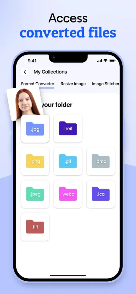 My Collections interface displaying organized folders by image format (JPG, PNG, GIF, WebP, ICO, TIFF, HEIF) for accessing converted files