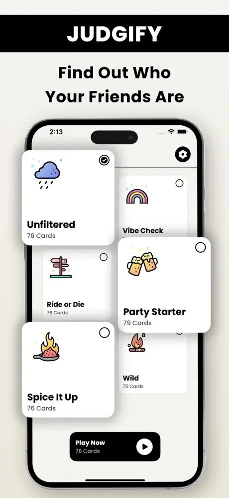 Judgify game deck selection screen with party game categories including Unfiltered, Vibe Check, Ride or Die, Party Starter, and others