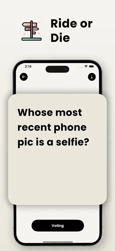 Judgify Ride or Die game round showing voting question: Whose most recent phone pic is a selfie? with Voting button