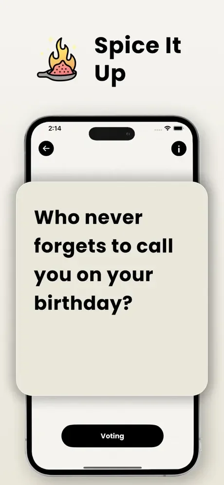 Judgify Spice It Up deck displaying trivia question: Who never forgets to call you on your birthday? with Voting button