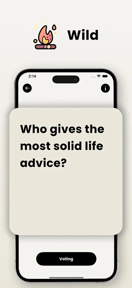 Judgify Wild card game showing question: Who gives the most solid life advice? with voting interface button