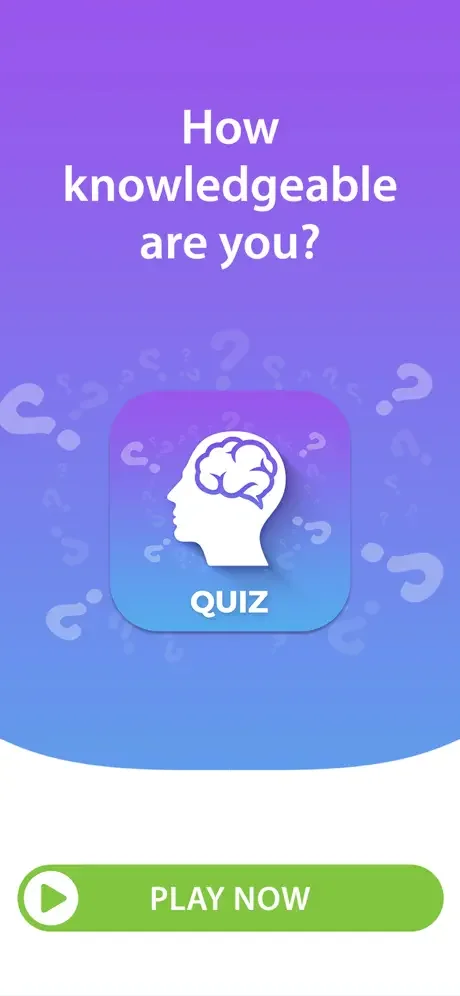 General Knowledge Quiz Game welcome screen with brain icon and green Play Now button