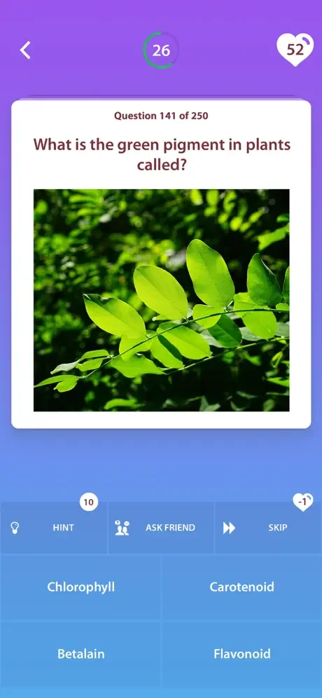 Quiz question 141 of 250 about plant pigments with nature image and four multiple choice answers