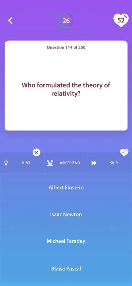 Trivia question 114 of 250 asking who formulated theory of relativity with four answer options