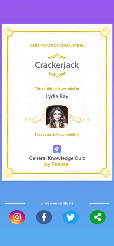 Certificate of Completion awarded for finishing General Knowledge Quiz with social media share buttons