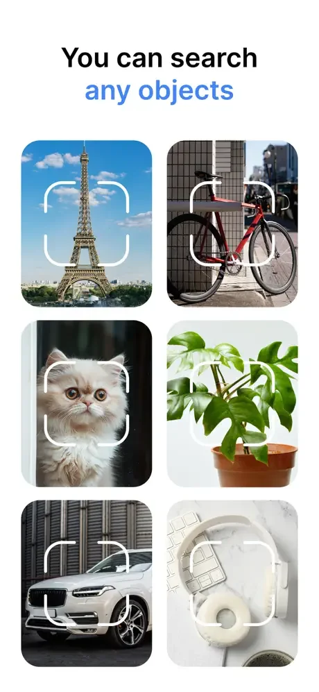 Search any objects photo recognition showing Eiffel Tower, bicycle, cat, plant, car, and headphones with scan frame indicators