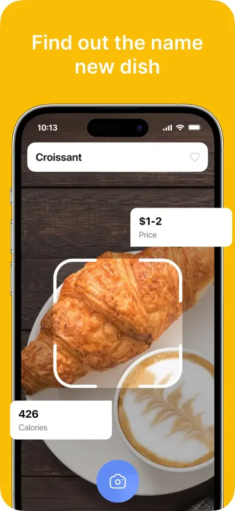 Food photo identifier displaying croissant with AI-detected dish name, price estimate, and calorie count from camera capture
