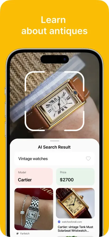 Antique identifier showing vintage Cartier watch with AI recognition of model name, price valuation of $2700, and similar items