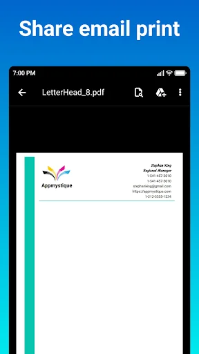 Share email print screen showing PDF letterhead with options to share via email and send to printer