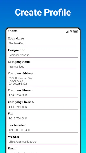 Create Profile business information form with fields for company name, address, phone numbers, website and email details