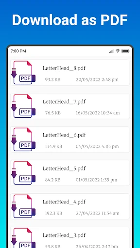 Download as PDF screen displaying list of saved letterhead documents with file sizes and creation timestamps