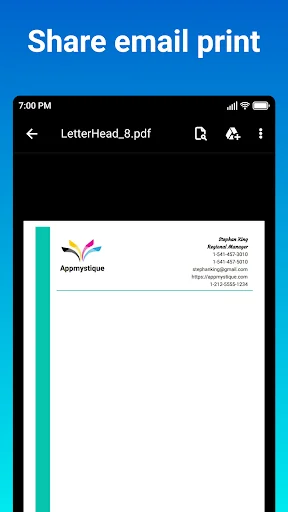Share email print screen showing PDF letterhead with options to share via email and send to printer