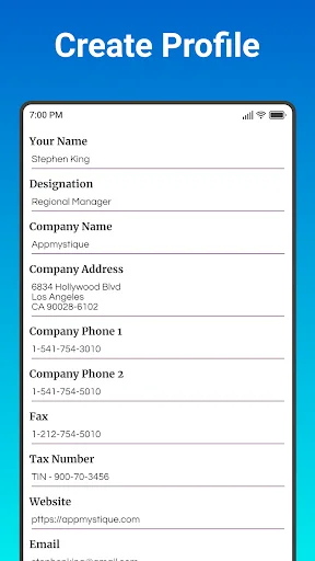 Create Profile business information form with fields for company name, address, phone numbers, website and email details
