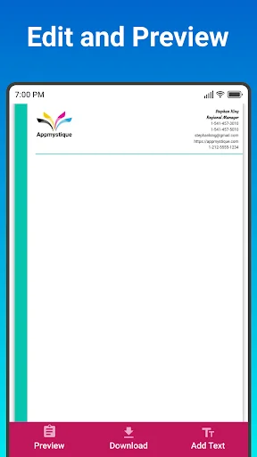 Edit and Preview letterhead design showing company logo and contact information with Download and Add Text buttons