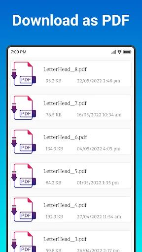Download as PDF screen displaying list of saved letterhead documents with file sizes and creation timestamps