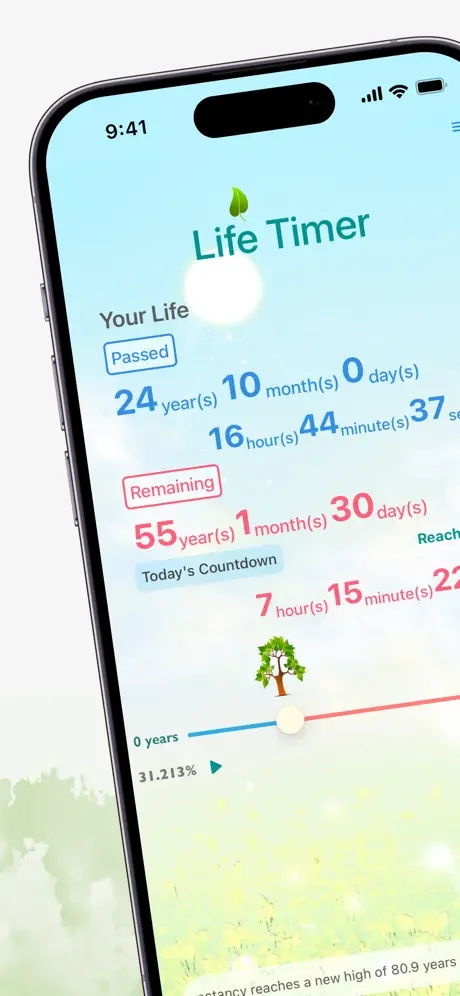 Life Timer dashboard showing life tracked: 24 years passed, 55 years remaining, with daily countdown timer feature