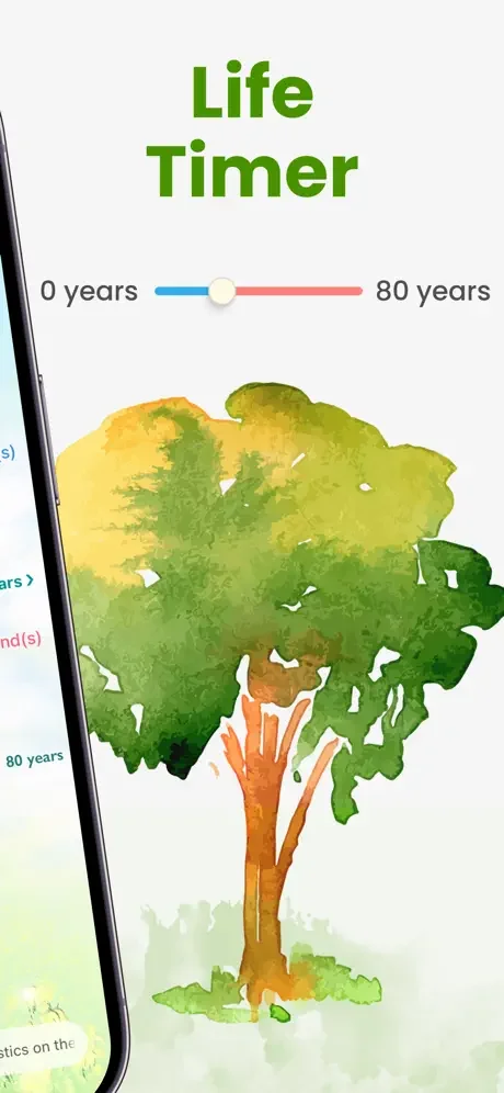 Life Timer lifespan tracker with visual timeline slider showing 0-80 years of life expectancy and tree illustration