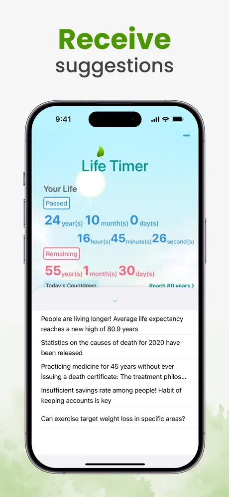 Life Timer app suggestions screen displaying health statistics and life improvement tips for longevity planning